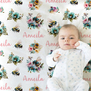 Baby girl bee blanket, personalized floral bee pink name blanket, watercolor floral spring bee swaddle, newborn girls bumble bee baby gift