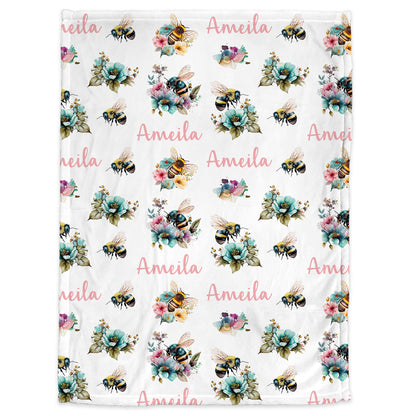 Baby girl bee blanket, personalized floral bee pink name blanket, watercolor floral spring bee swaddle, newborn girls bumble bee baby gift