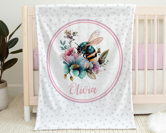 Bee baby girls name blanket, personalized bumble bee swaddle blanket, newborn spring bee baby gift with name, baby girl blanket with bees