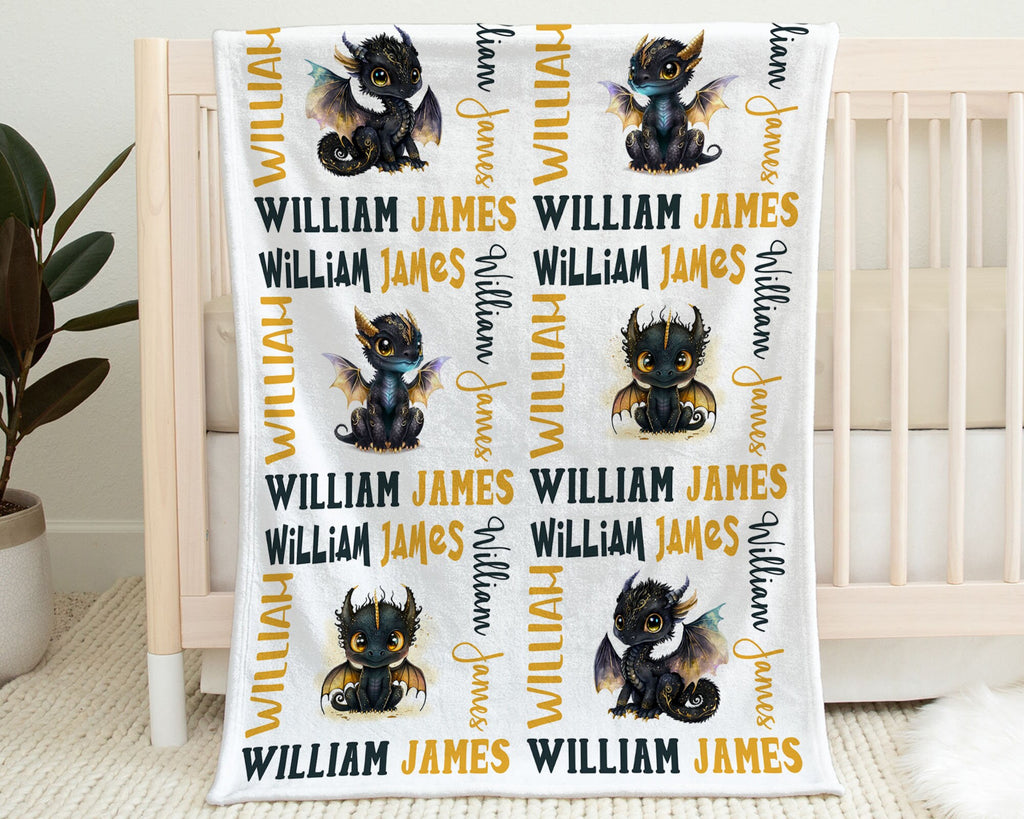 Personalized dragon name blanket, cute dragon newborn baby blanket, baby boy or girl dragon theme gift, dragon swaddle blanket with name