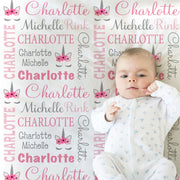 Baby unicorn name blanket, personalized unicorns swaddle blanket, pink newborn baby girl blanket with unicorn, unicorn lashes baby gift