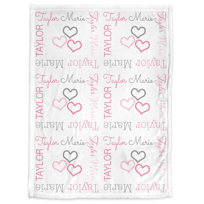 Hearts baby girl blanket, personalized swaddle blanket with hearts, pink and gray sweetheart blanket, newborn baby heart gift with name
