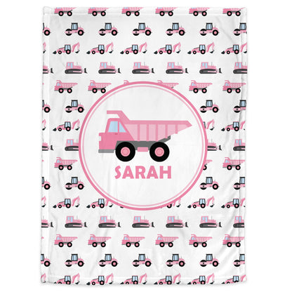 Pink construction trucks baby blanket, baby girl dump truck swaddle blanket, construction personalized swaddle blanket, construction gift