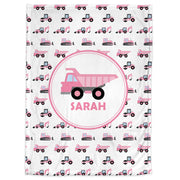 Pink construction trucks baby blanket, baby girl dump truck swaddle blanket, construction personalized swaddle blanket, construction gift