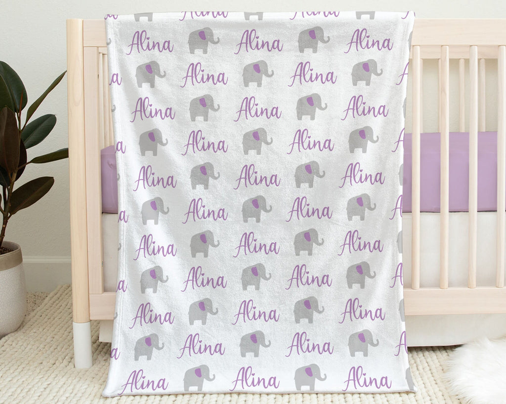Purple baby girl elephant name blanket, personalized elephant swaddle blanket, newborn baby gift with elephants, elephants purple blanket