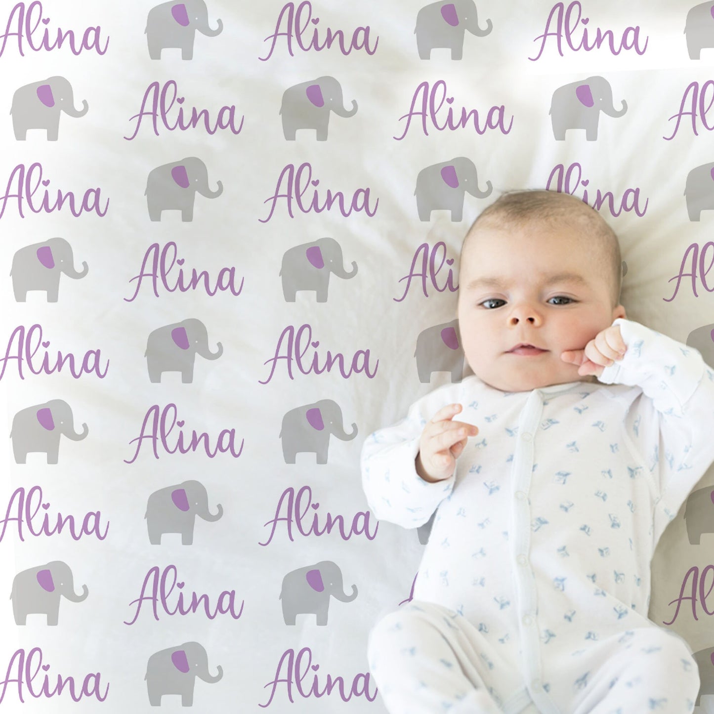 Personalized Elephant Baby Name Blanket Girl Purple