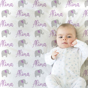 Purple baby girl elephant name blanket, personalized elephant swaddle blanket, newborn baby gift with elephants, elephants purple blanket