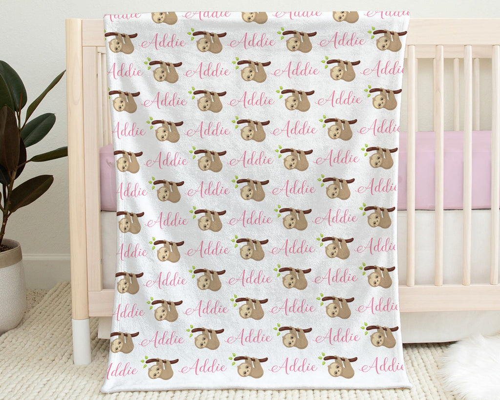 Sloth baby blanket with name, personalized sloth bear baby girl swaddle blanket, newborn sloth baby gift, pink sloths blanket with name