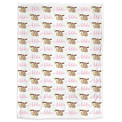 Sloth baby blanket with name, personalized sloth bear baby girl swaddle blanket, newborn sloth baby gift, pink sloths blanket with name