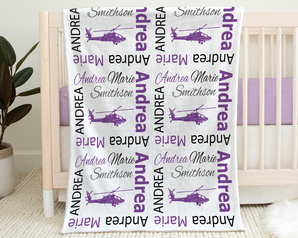 Baby girl helicopter blanket, personalized purple helicopter newborn swaddle blanket, helicopter baby gift with name, military helicopter