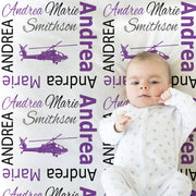 Baby girl helicopter blanket, personalized purple helicopter newborn swaddle blanket, helicopter baby gift with name, military helicopter