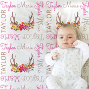 Floral deer antler baby blanket , girl newborn antler personalized blanket, hunting baby girl antler gifts, deer antler swaddle blanket