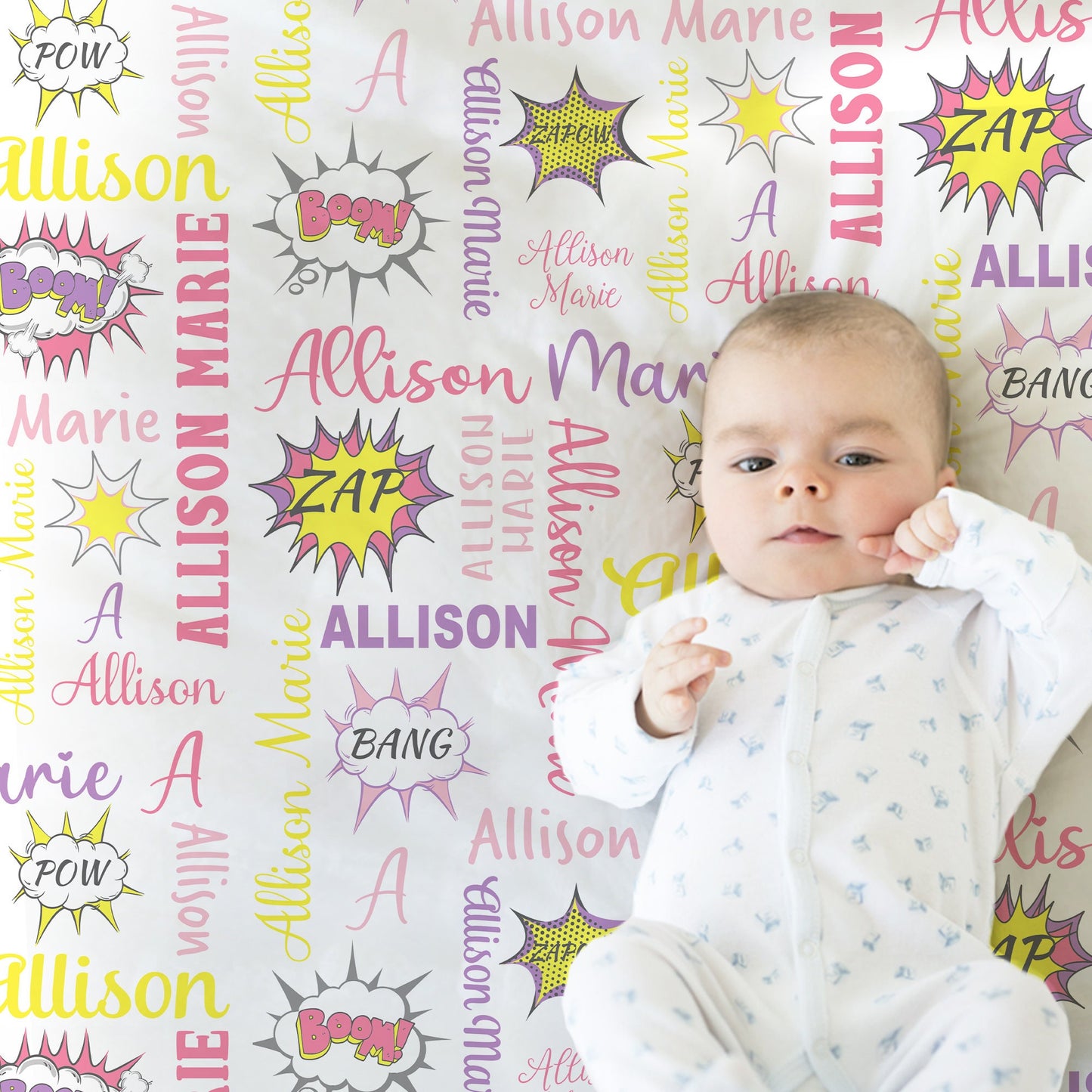 Newborn super hero baby blanket, personalized girl hero blanket with name, comic text speech bubble baby gift, superhero, zap swaddle girl