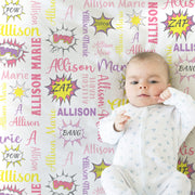 Newborn super hero baby blanket, personalized girl hero blanket with name, comic text speech bubble baby gift, superhero, zap swaddle girl