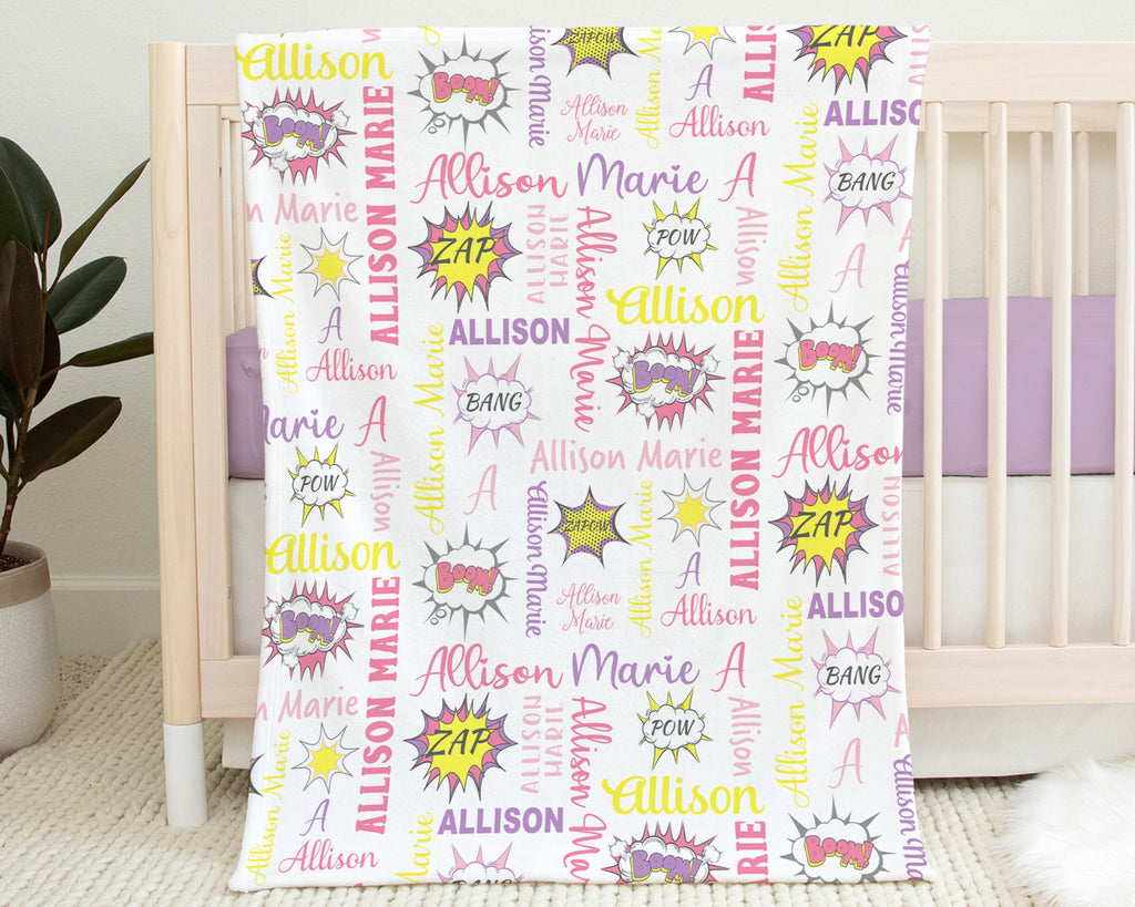 Newborn super hero baby blanket, personalized girl hero blanket with name, comic text speech bubble baby gift, superhero, zap swaddle girl