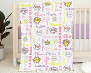 Newborn super hero baby blanket, personalized girl hero blanket with name, comic text speech bubble baby gift, superhero, zap swaddle girl