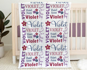 Flower baby name blanket, floral newborn blanket, violet personalized baby girl gift, floral nursery theme swaddle blanket (CHOOSE COLORS)