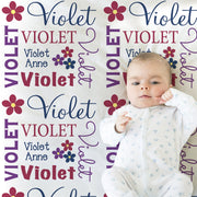 Flower baby name blanket, floral newborn blanket, violet personalized baby girl gift, floral nursery theme swaddle blanket (CHOOSE COLORS)