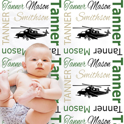 Personalized helicopter baby blanket, newborn helicopter baby gift with name, boys or girls helicopter pilot swaddle blanket