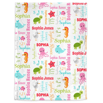 Under the sea baby name blanket, baby girl blanket with ocean animals, personalized newborn sea animal swaddle, under the sea baby gift