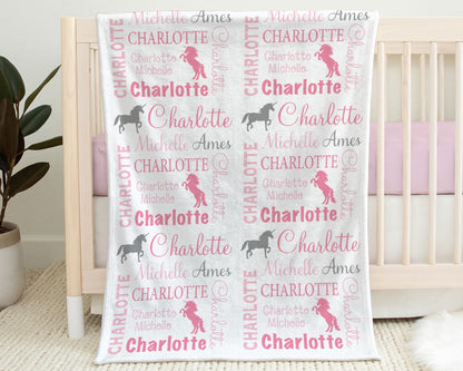 Unicorn baby blanket, pink unicorn swaddle blanket, personalized name blanket with pink and gray unicorns, newborn unicorns baby gift