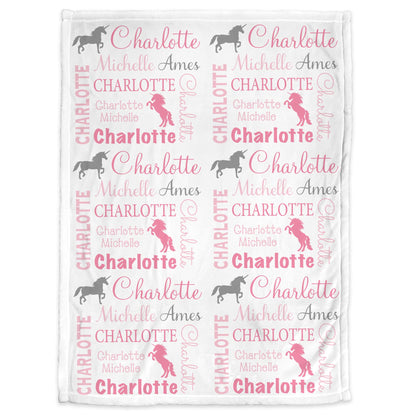 Unicorn baby blanket, pink unicorn swaddle blanket, personalized name blanket with pink and gray unicorns, newborn unicorns baby gift