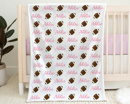 Pink football blanket, personalized newborn girls blanket with name, sports ball baby gift, swaddle blanket with footballs, any team colors