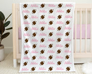 Pink football blanket, personalized newborn girls blanket with name, sports ball baby gift, swaddle blanket with footballs, any team colors