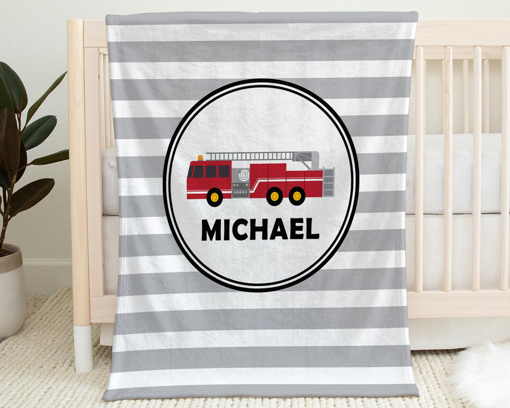 Baby blanket with fire trucks, fireman theme personalized name blanket, firetruck newborn boy or girl swaddle blanket (CHOOSE COLORS)