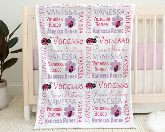 Personalized Lady Bug Baby Name Blanket Girl
