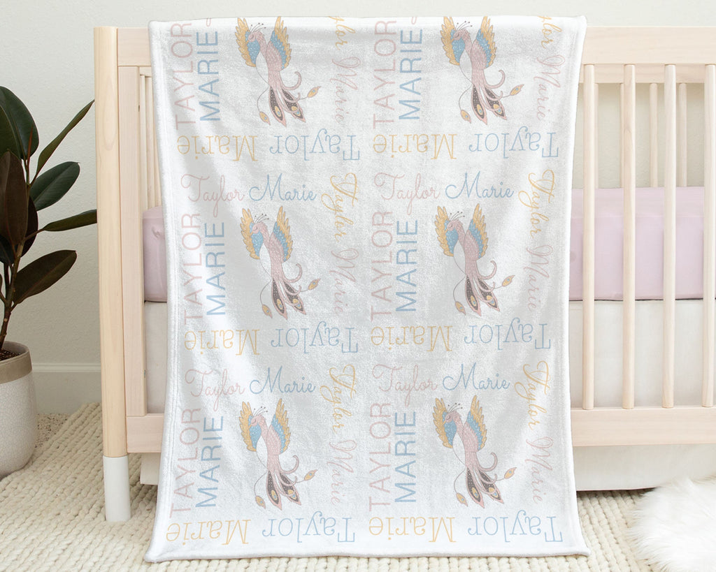 Phoenix bird baby blanket, baby girl personalized swaddle blanket with Phoenix, girl swaddle blanket with name, Phoenix baby gift