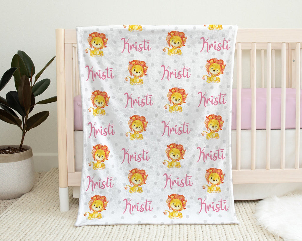 Personalized pink lion baby blanket, girls newborn lion name blanket, safari animal lions baby gifts, safari lion swaddle (CHOOSE COLORS)