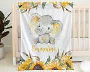 Sunflower elephants baby blanket, floral personalized newborn name swaddle blanket, elephant baby girl gift with flowers, sunflowers blanket