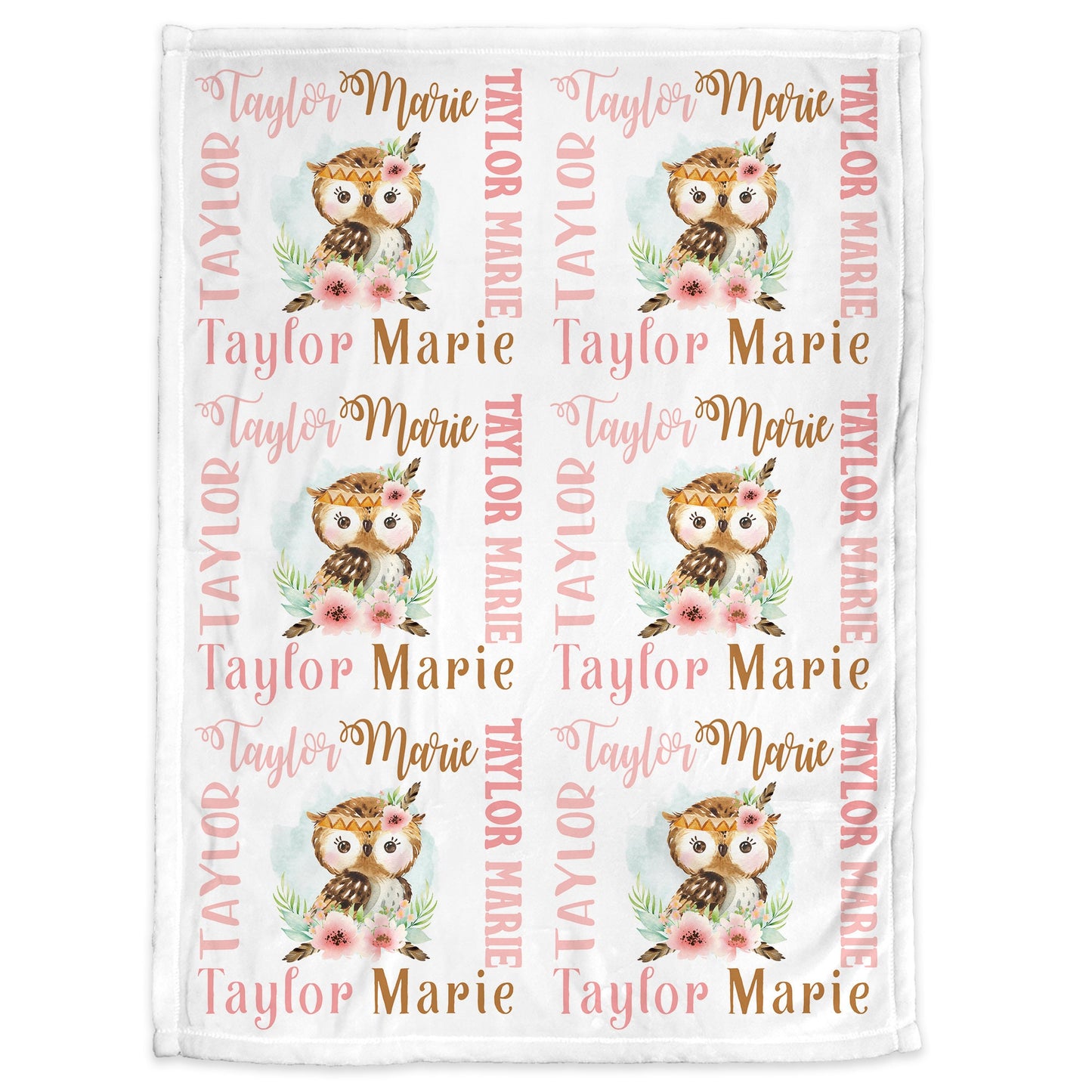 Personalized girl owl baby blanket, newborn owl baby gift with name, watercolor boho owl swaddle blanket, owl name blanket (CHOOSE COLORS)