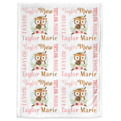 Personalized girl owl baby blanket, newborn owl baby gift with name, watercolor boho owl swaddle blanket, owl name blanket (CHOOSE COLORS)