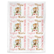 Personalized girl owl baby blanket, newborn owl baby gift with name, watercolor boho owl swaddle blanket, owl name blanket (CHOOSE COLORS)