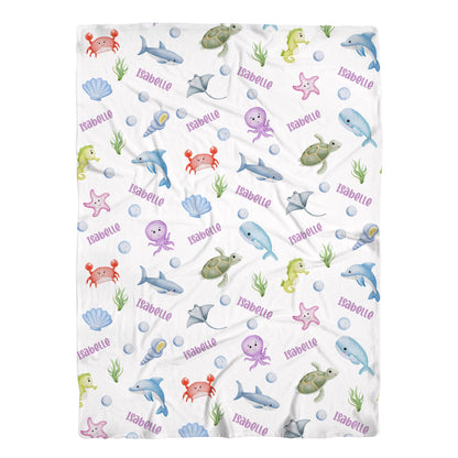 Personalized Jersey Ocean Animals Swaddle Baby Blanket, O1