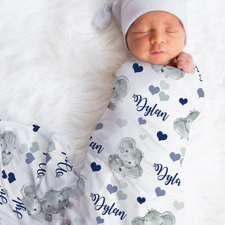 Elephant Blue Hearts Swaddle Blanket - Jersey