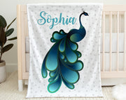 Peacock baby blanket with name, newborn blanket with peacocks, baby girl personalized peacock gift, teal and white nursery (CHOOSE COLORS)