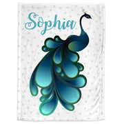 Peacock baby blanket with name, newborn blanket with peacocks, baby girl personalized peacock gift, teal and white nursery (CHOOSE COLORS)