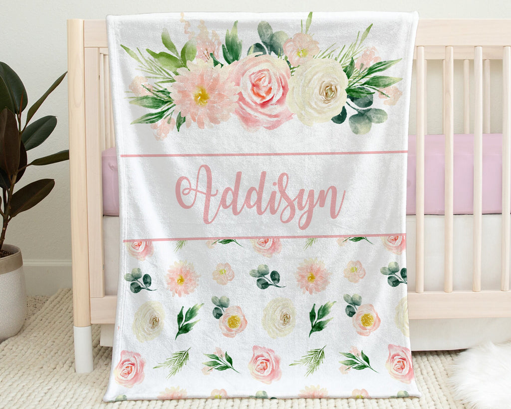 Girl blanket, pink flowers swaddle name blanket, personalized newborn floral baby gift, pink and white blanket with flowers