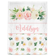 Girl blanket, pink flowers swaddle name blanket, personalized newborn floral baby gift, pink and white blanket with flowers