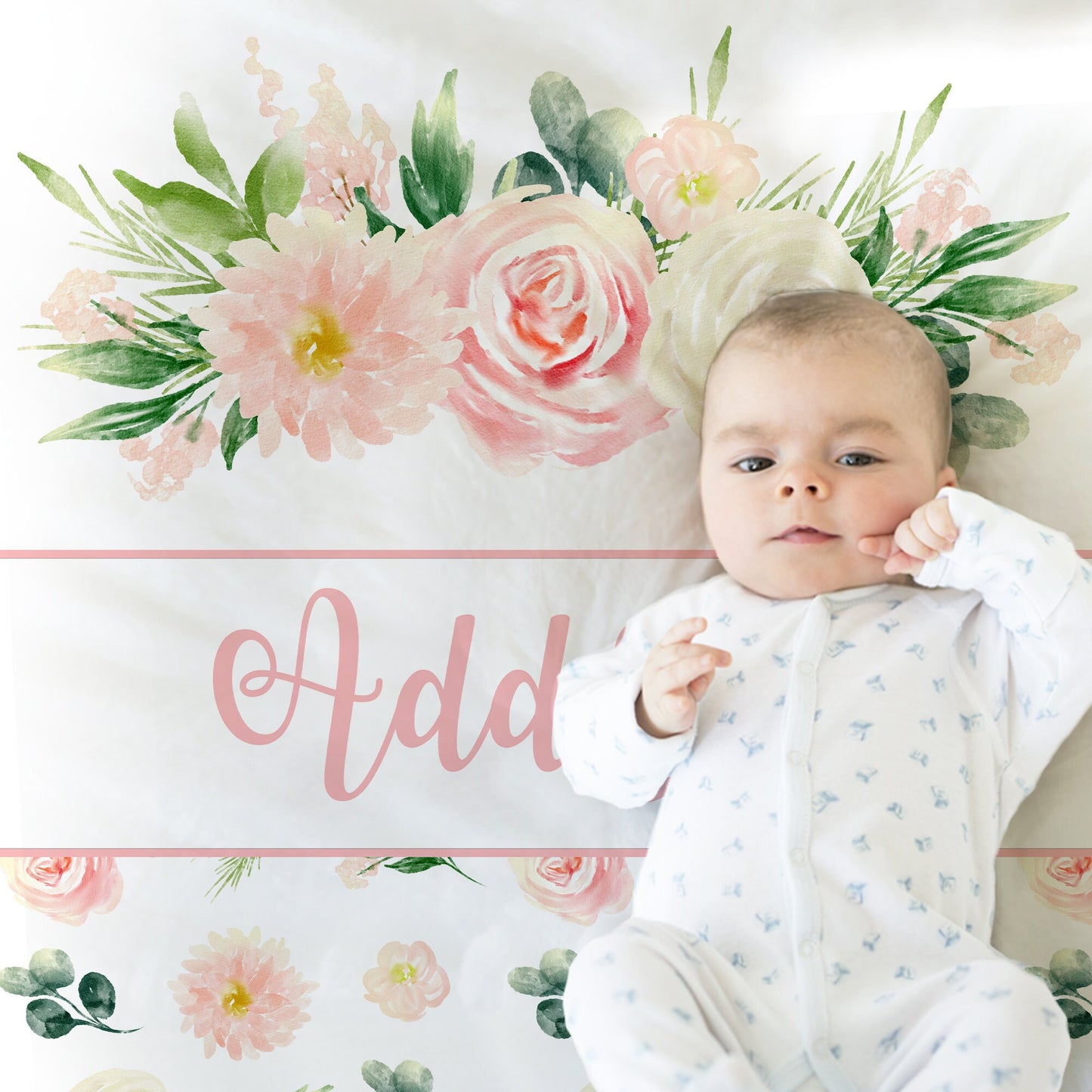 Girl blanket, pink flowers swaddle name blanket, personalized newborn floral baby gift, pink and white blanket with flowers