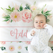 Girl blanket, pink flowers swaddle name blanket, personalized newborn floral baby gift, pink and white blanket with flowers