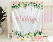 Girl baby blanket, flowers, floral swaddle name blanket, personalized newborn baby gift with flowers, pink and white blanket with flowers