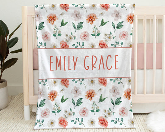 Girl flower blanket, floral swaddle name blanket, personalized newborn baby gift, flowers, pink coral and white blanket with flowers