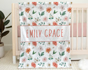 Girl flower blanket, floral swaddle name blanket, personalized newborn baby gift, flowers, pink coral and white blanket with flowers