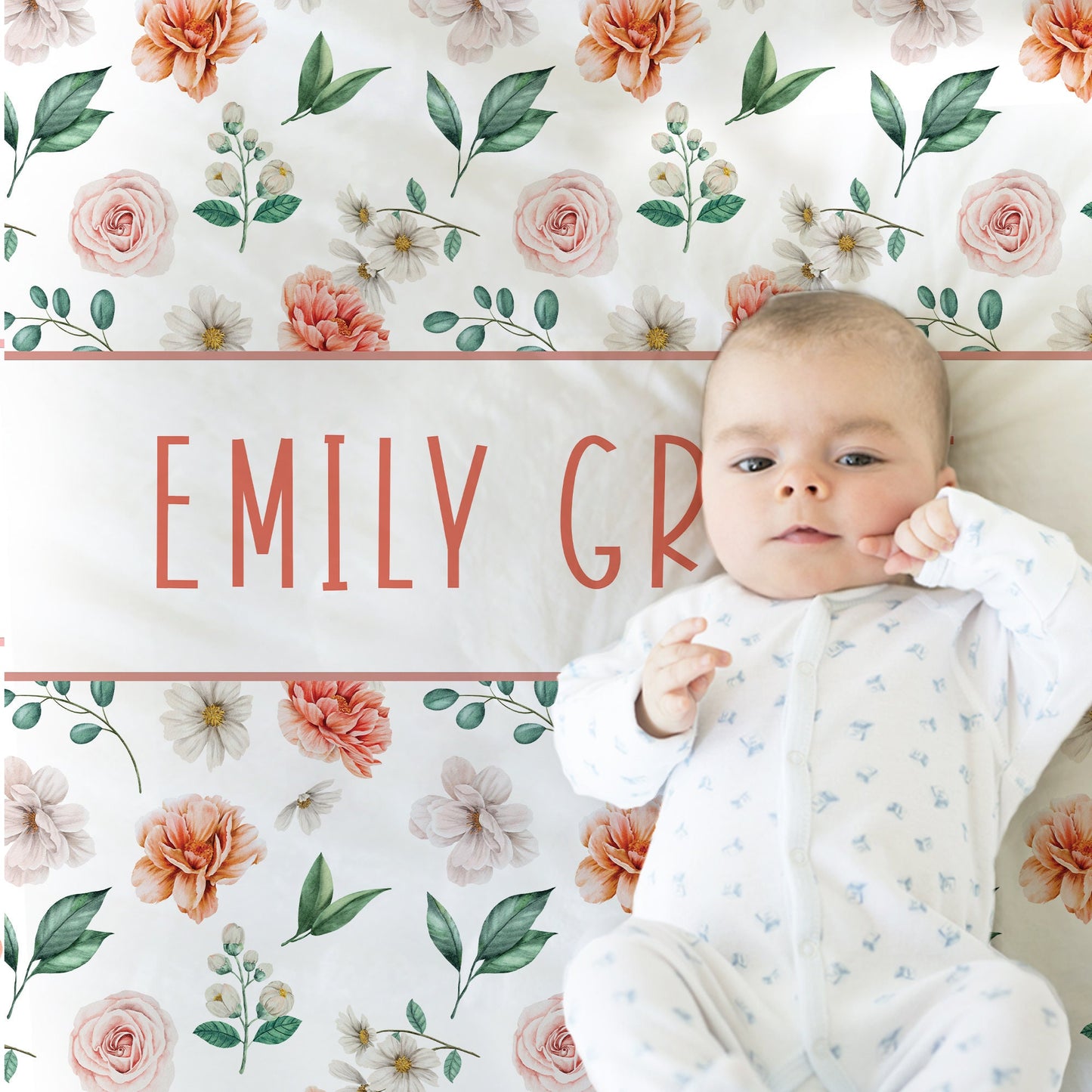 Girl flower blanket, floral swaddle name blanket, personalized newborn baby gift, flowers, pink coral and white blanket with flowers