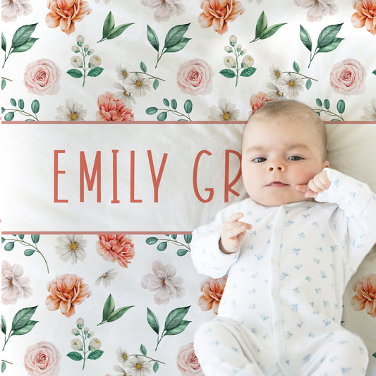 Girl flower blanket, floral swaddle name blanket, personalized newborn baby gift, flowers, pink coral and white blanket with flowers