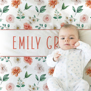 Girl flower blanket, floral swaddle name blanket, personalized newborn baby gift, flowers, pink coral and white blanket with flowers